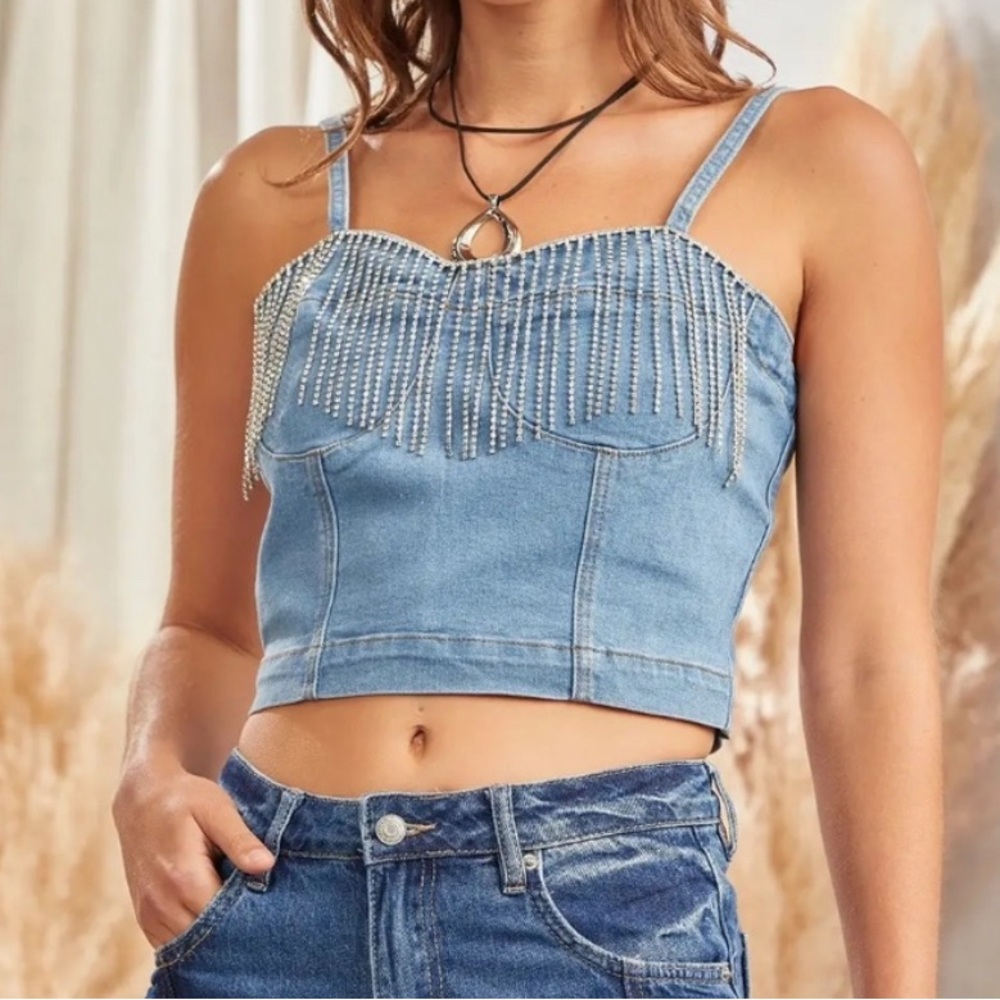 Denim Rhinestone Fringe Top